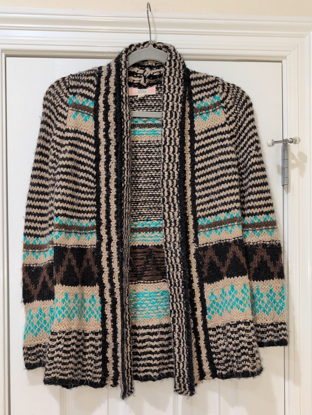 Pink Republic Cream, Black & Teal Patterned Open Cardigan